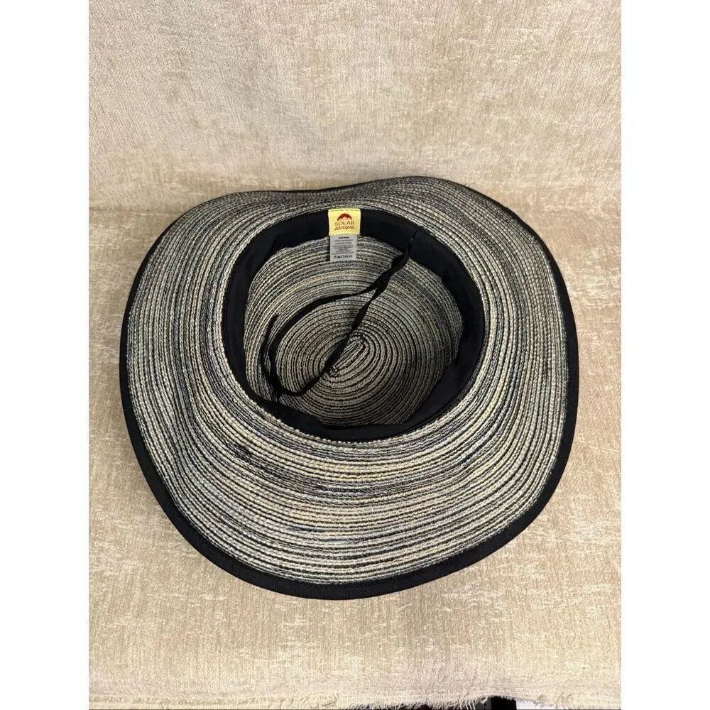 Solar Escape Women's Striped Weave Wide Brim Straw Sun Hat Black Tan One Size